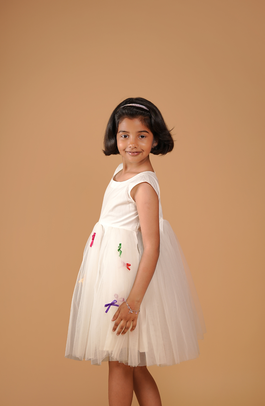 Playful Ribbon White Girls Frock
