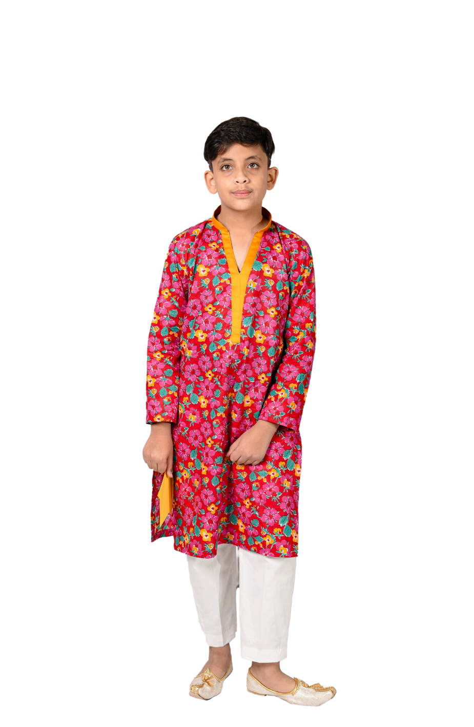 Floral Cotton Kurta with White Pants For Boys