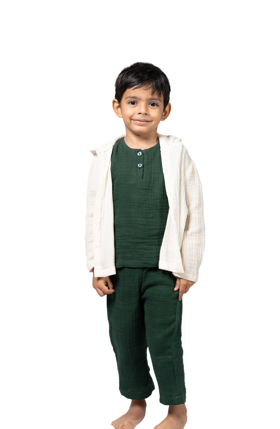 Green And Cream Muslin Outfit for Boys