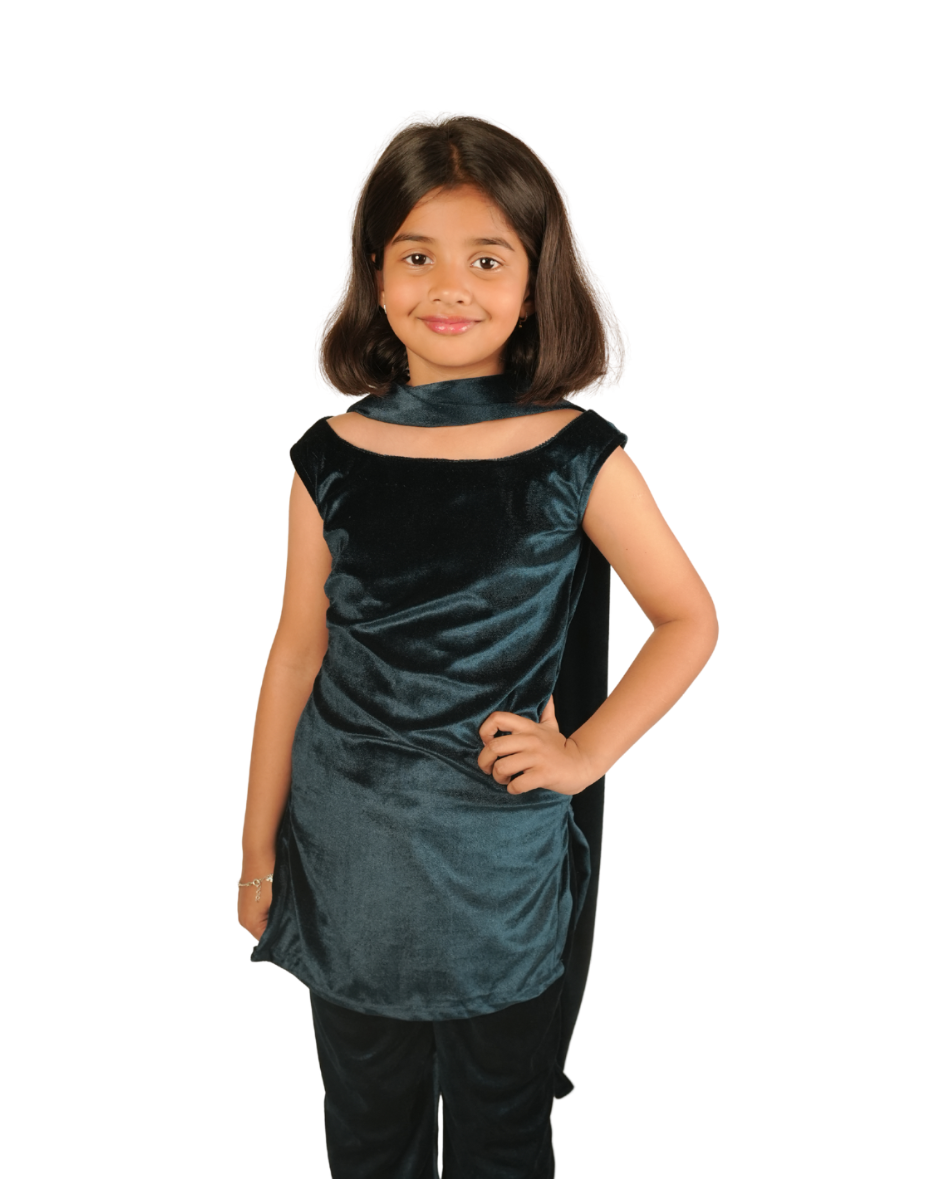 Young girl wearing a teal and black outfit on a white background
