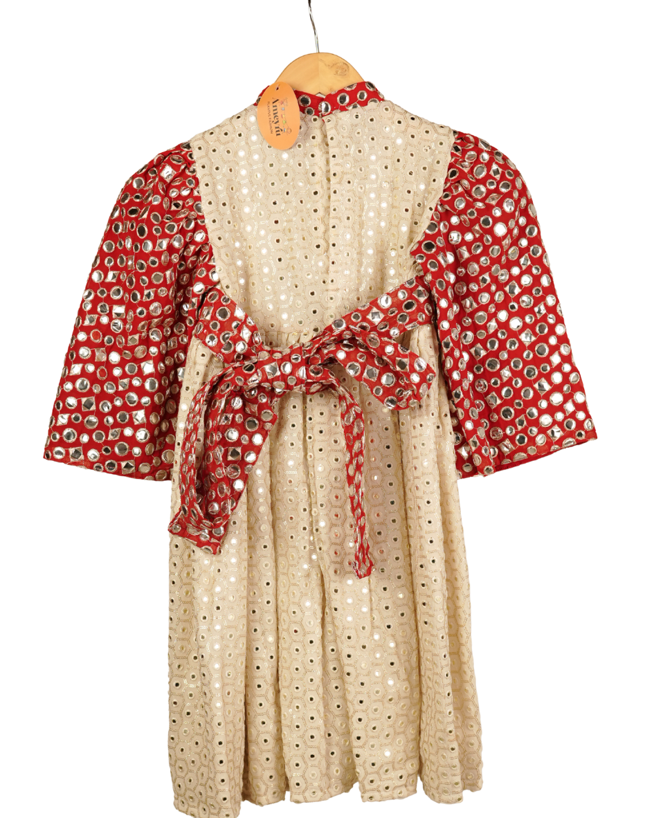 Ameyru Radiant Mirror-Work Ethnic Frock for Girls – Festive Cream & Red Outfit