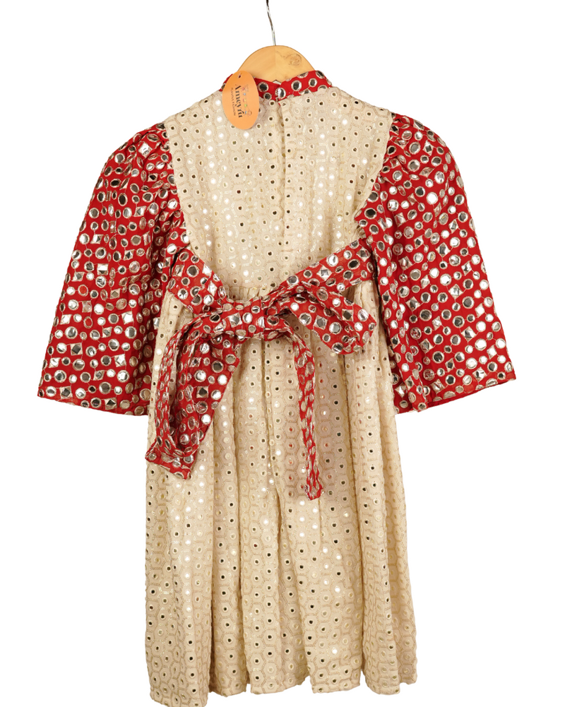 Ameyru Radiant Mirror-Work Ethnic Frock for Girls – Festive Cream & Red Outfit