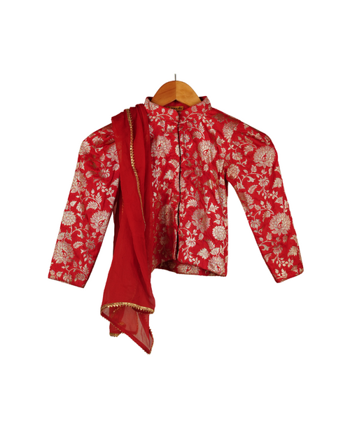 Ameyru Festive Red Brocade Peplum & Tiered Chiffon Skirt Set for Girls