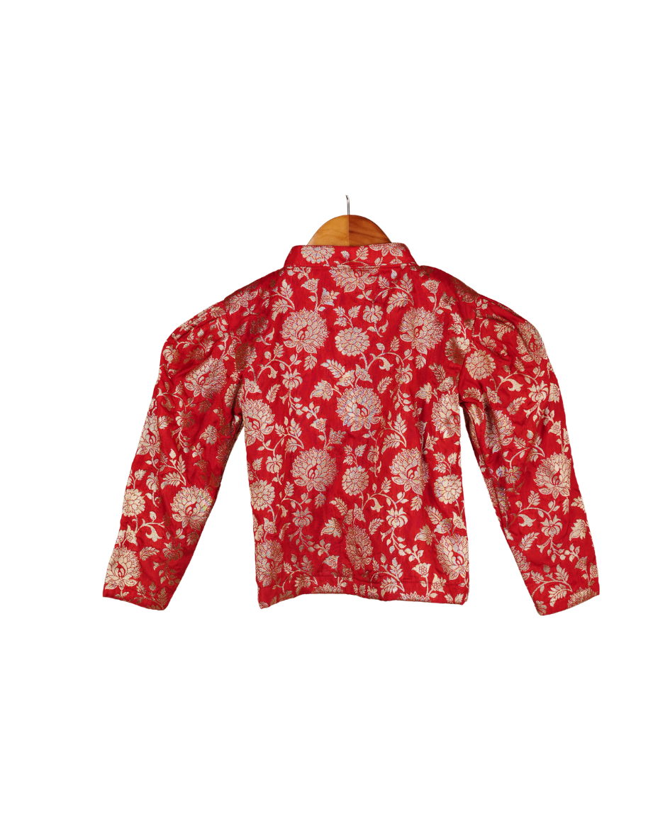 Red floral jacket on a white background