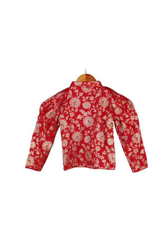 Ameyru Red Brocade Peplum & Tiered Chiffon Skirt Set