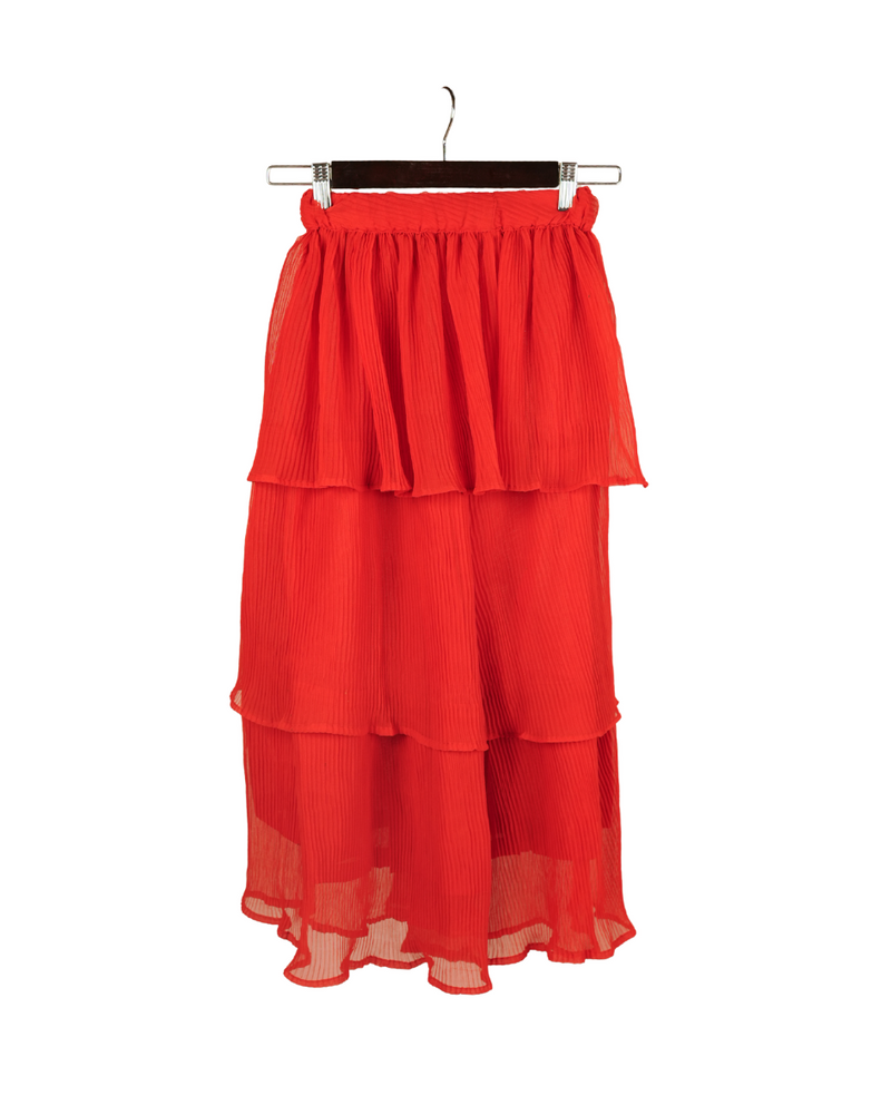 Ameyru Festive Red Brocade Peplum & Tiered Chiffon Skirt Set for Girls