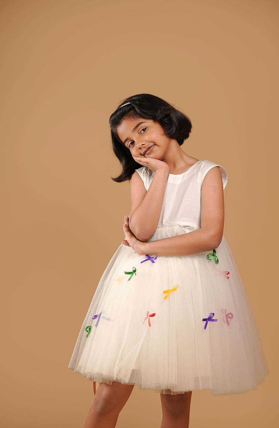 Playful Ribbon White Girls Frock
