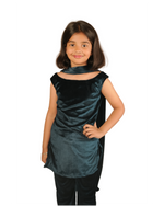 Young girl wearing a teal and black outfit on a white background
