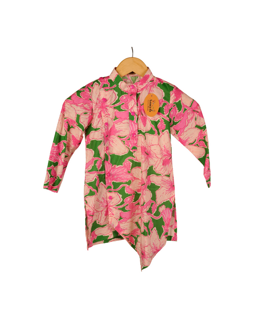 Floral patterned shirt on a hanger with a white background