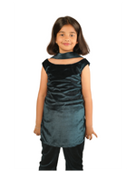 Young girl wearing a teal velvet dress on a white background