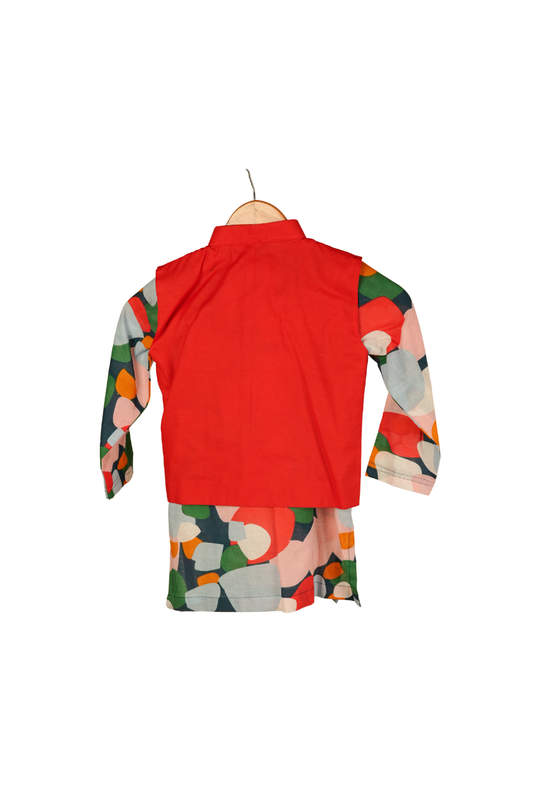 Ameyru Vibrant Floral Kurta with Red Nehru Jacket