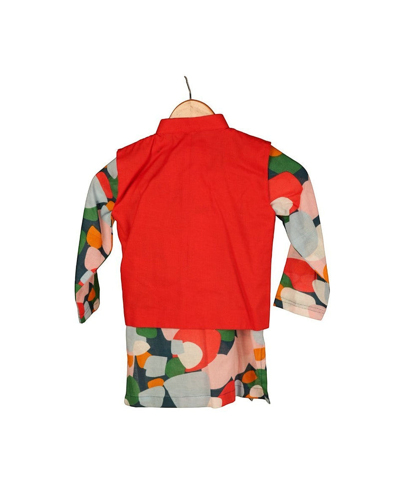 Ameyru Vibrant Floral Kurta with Red Nehru Jacket