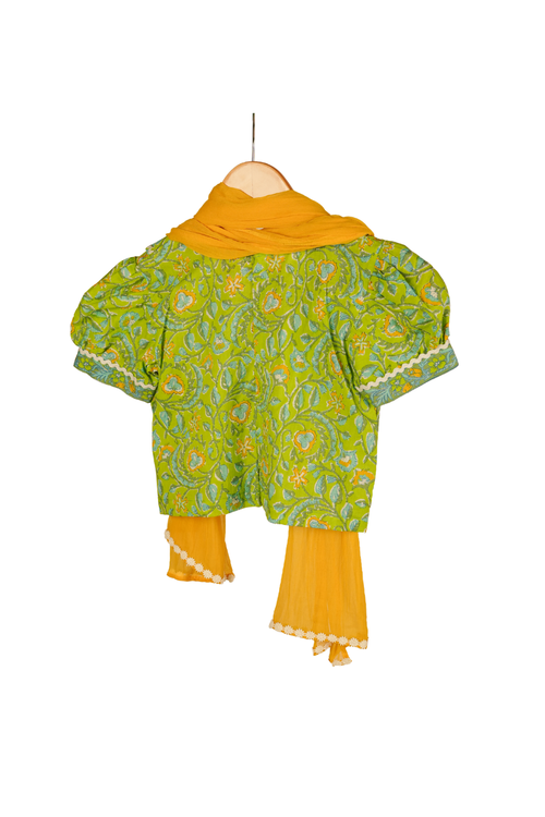 Green and yellow traditional outfit on a hanger against a white background