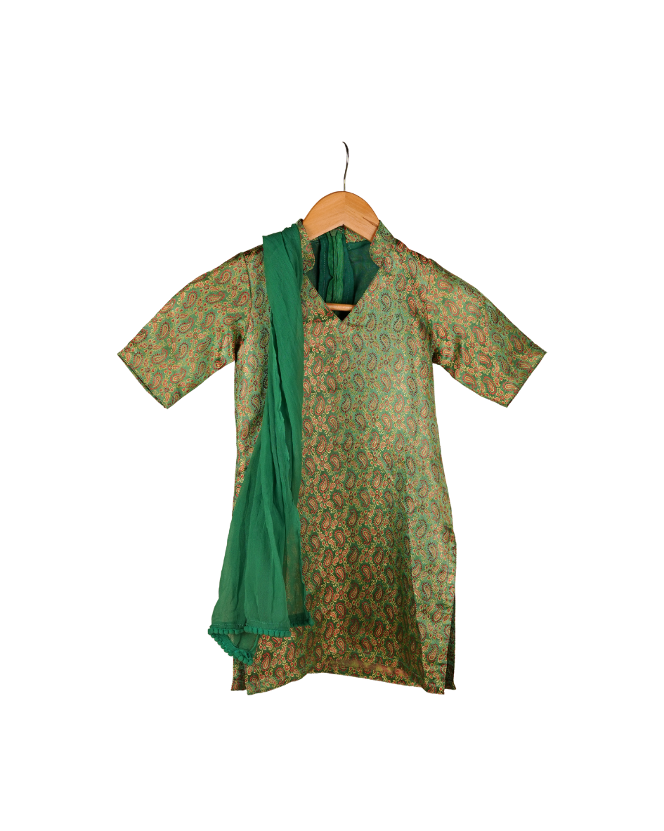 Green patterned dress with a green scarf on a hanger against a white background