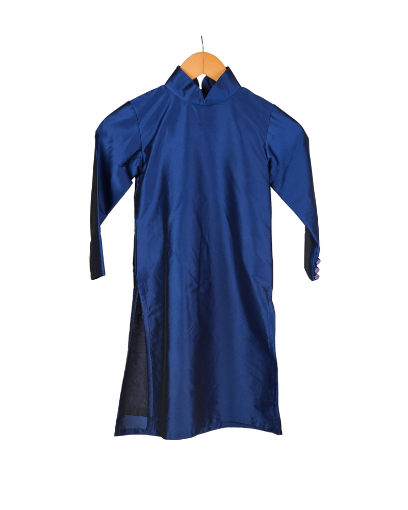 Blue dress on a hanger against a white background