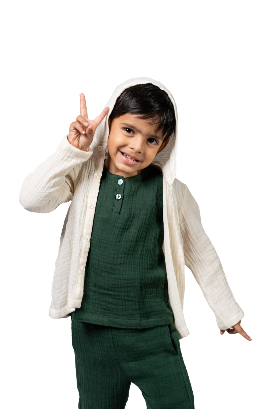 Green And Cream Muslin Outfit for Boys
