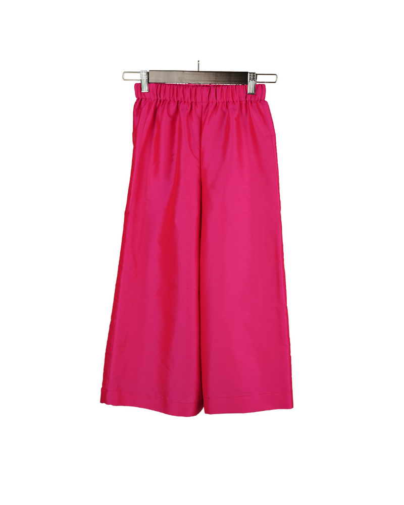 Pink wide-leg pants on a hanger against a white background
