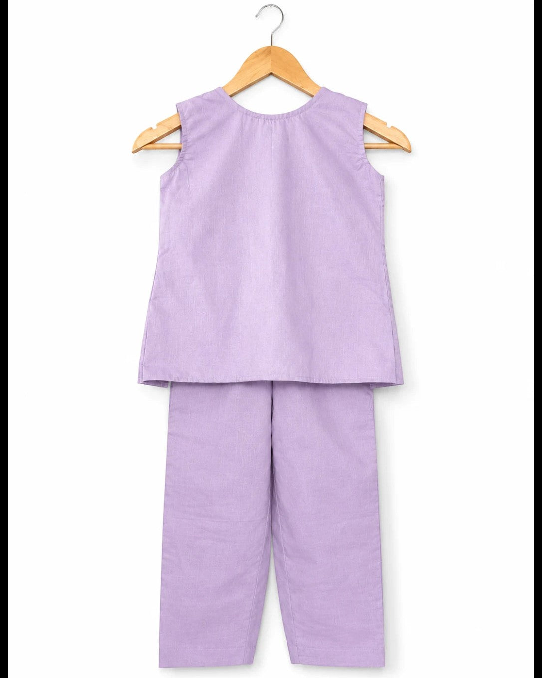 Purple sleeveless top and pants set on a hanger against a white background