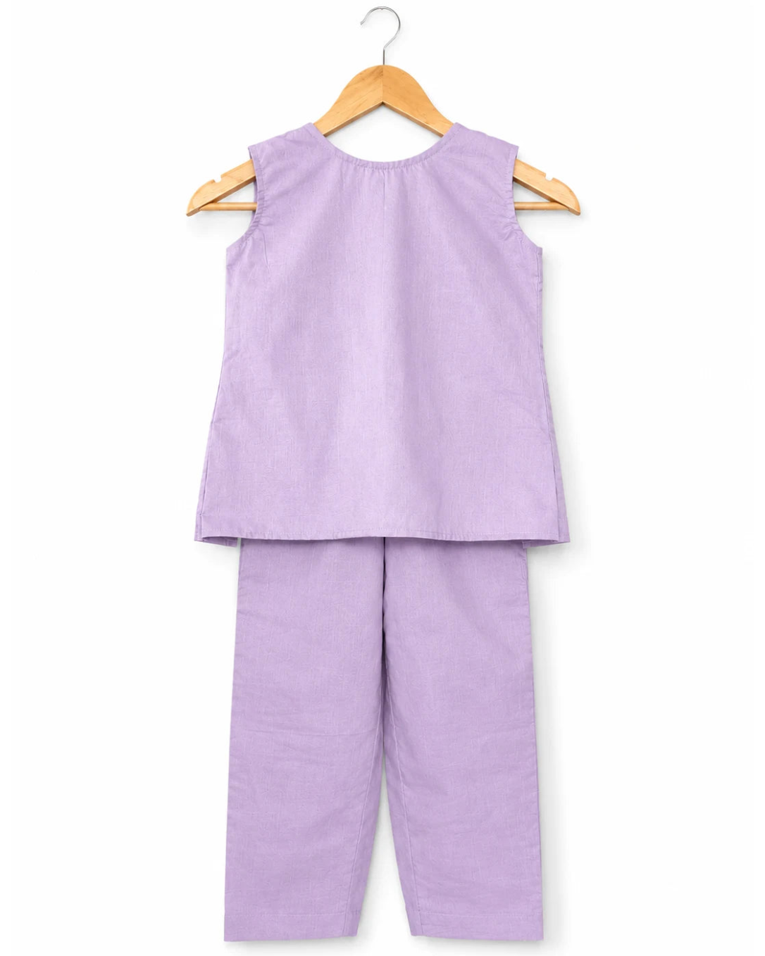 Purple sleeveless top and pants set on a hanger against a white background