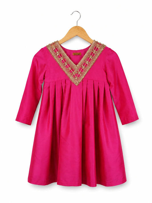 Ameyru Rani Pink Silk Pleated Kurta & Palazzo Set