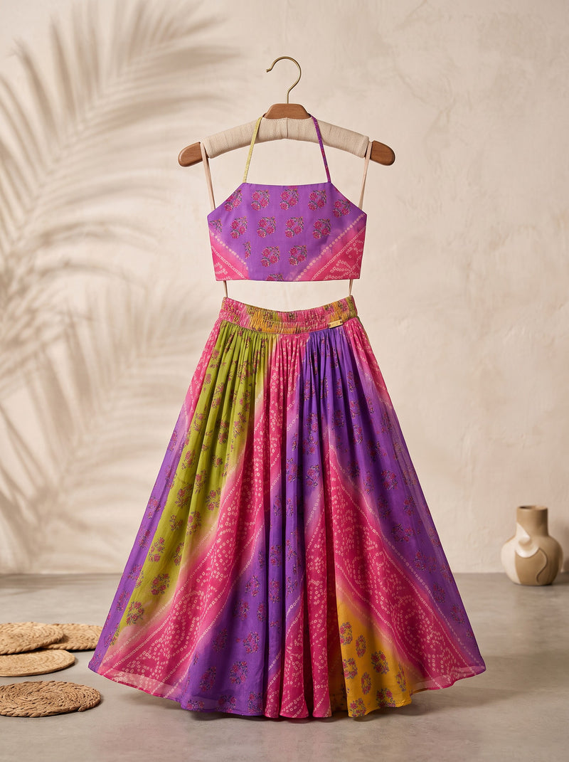 Ameyru Kids Wear girls ethnic two-piece set with purple floral crop top and vibrant multicolored pleated skirt.