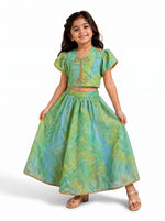 Ameyru Kids Wear green and blue printed lehenga choli with puff sleeves and gold embroidery on a young girl
