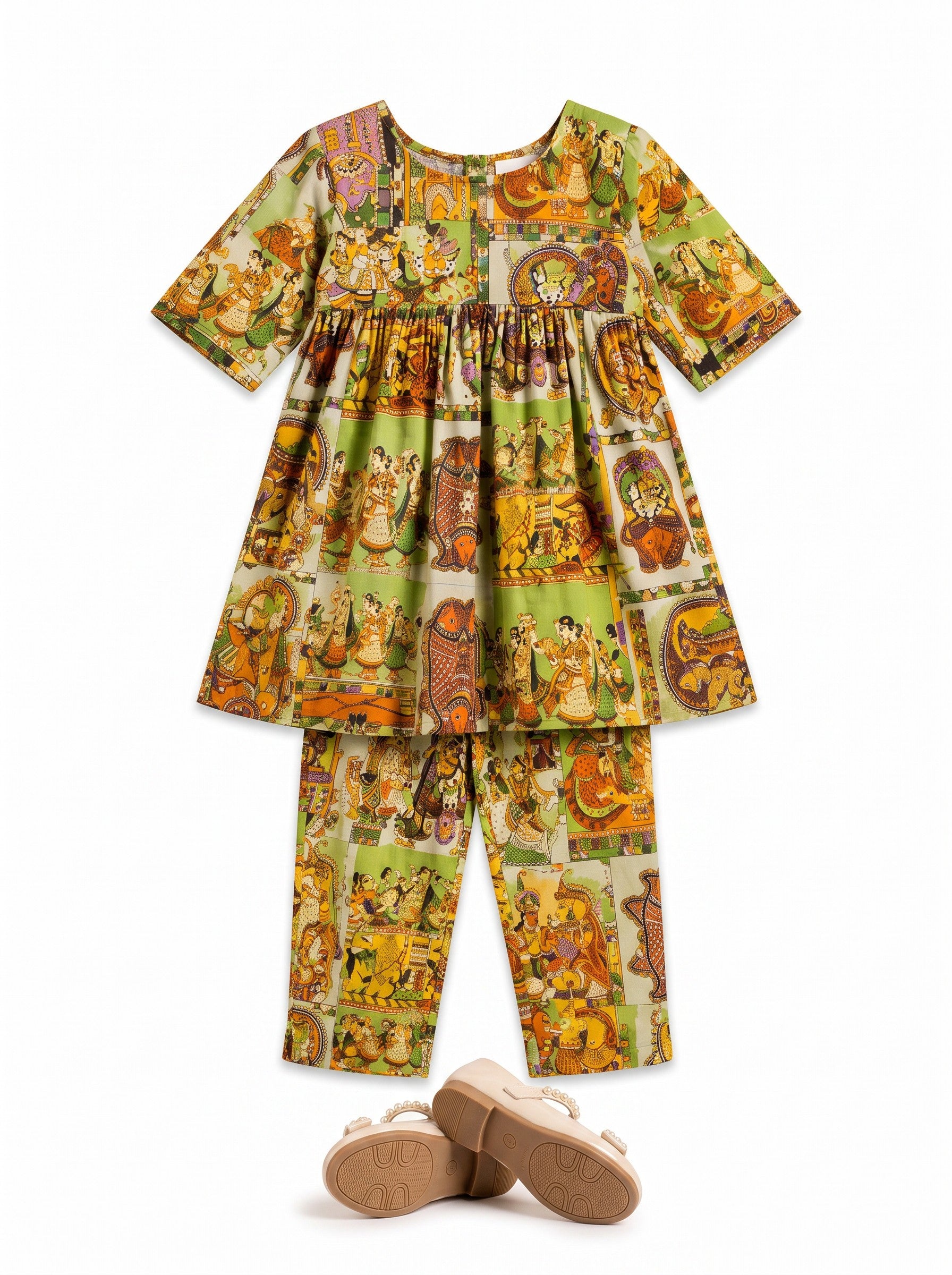 Ameyru Kids Wear green ethnic co-ord set with multi-colored folk motif print, tunic top, and matching trousers.