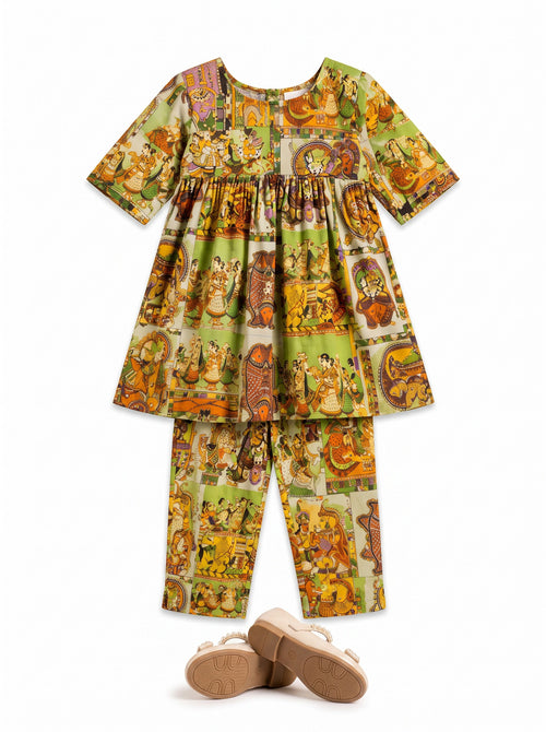 Ameyru Kids Wear green ethnic co-ord set with multi-colored folk motif print, tunic top, and matching trousers.