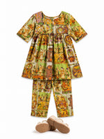 Ameyru Kids Wear green ethnic co-ord set with multi-colored folk motif print, tunic top, and matching trousers.