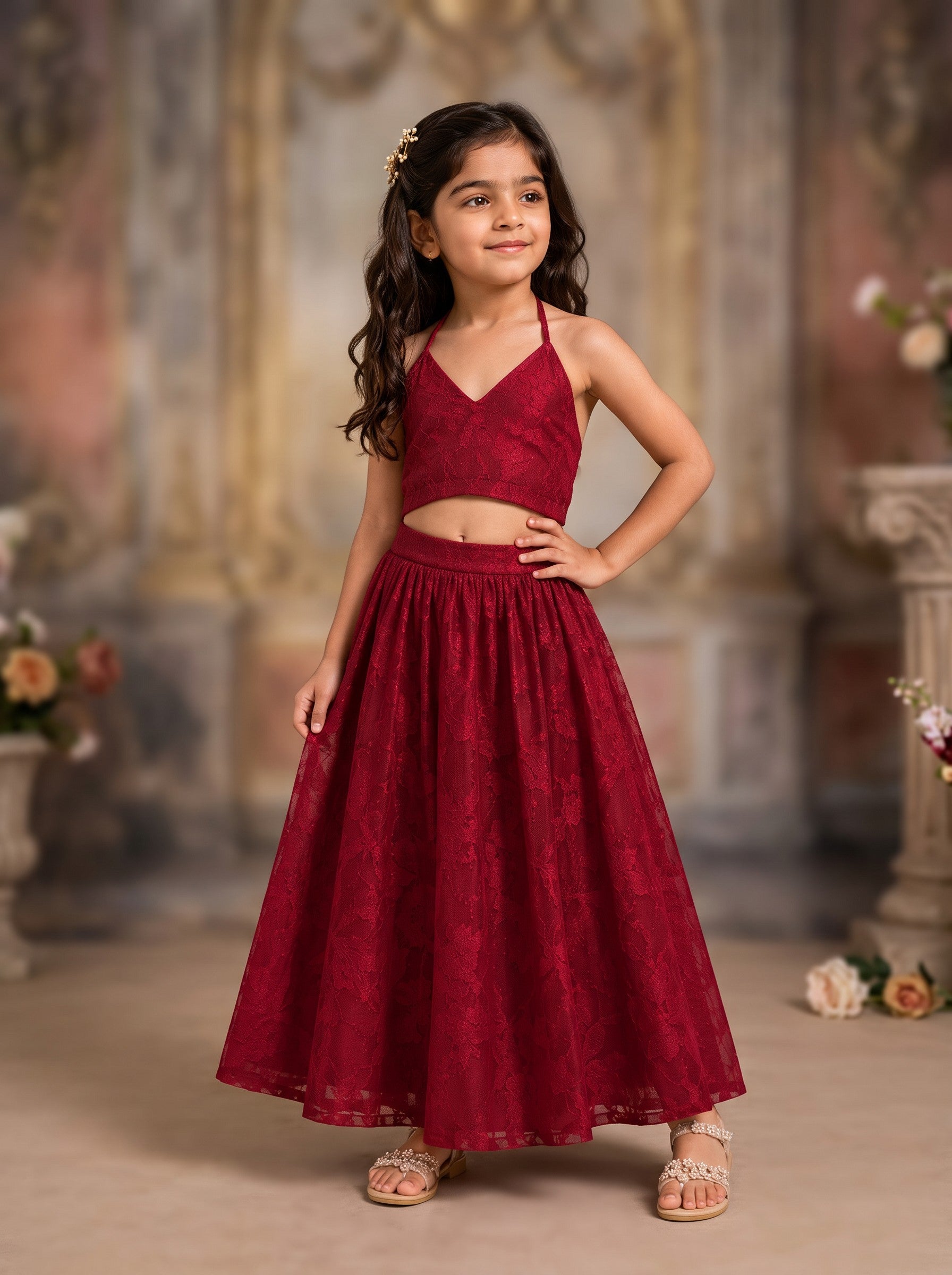Ameyru Kids Wear maroon lace two-piece ethnic set with halter crop top and floor-length skirt on a young girl.