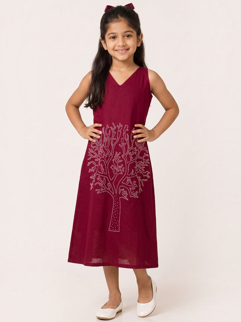 Ameyru Kids Wear maroon sleeveless A-line dress with a shimmering tree motif worn by a young girl