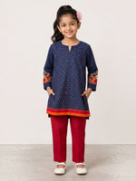 Ameyru Kids Wear navy blue polka dot kurta with floral embroidery and red trousers worn by a young girl