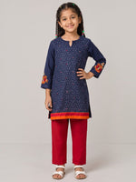 Ameyru Kids Wear navy blue polka dot kurta with floral embroidery and red trousers worn by a smiling young girl