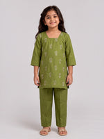 Ameyru Kids Wear olive green kurta and trouser set with floral embroidery and square neckline on a young girl