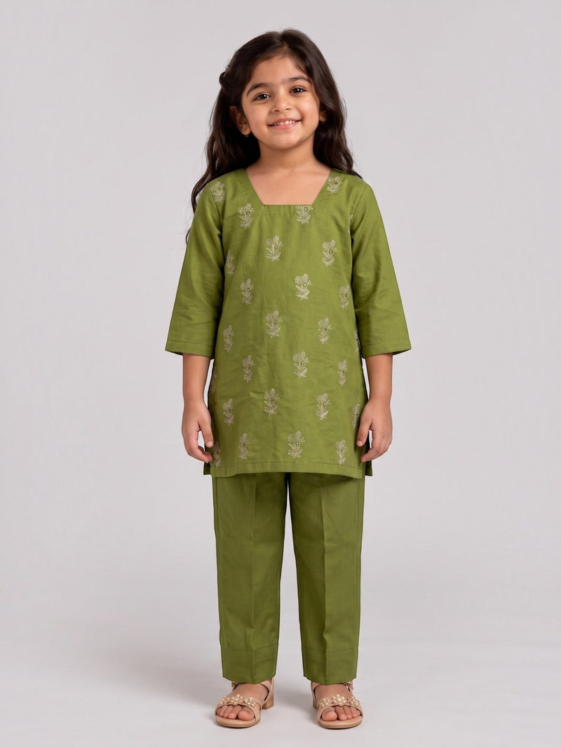 Ameyru Kids Wear olive green kurta and trouser set with floral embroidery and square neckline on a young girl
