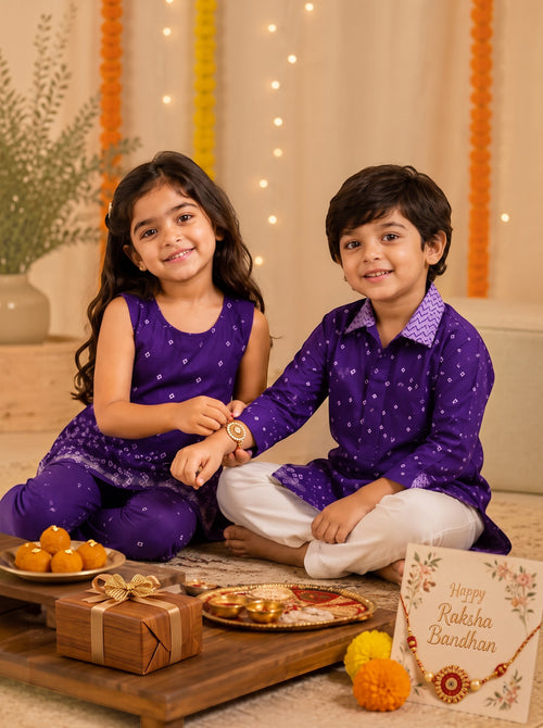 Ameyru Kids Wear deep purple ethnic festive clothing set for children with geometric patterns for Raksha Bandhan