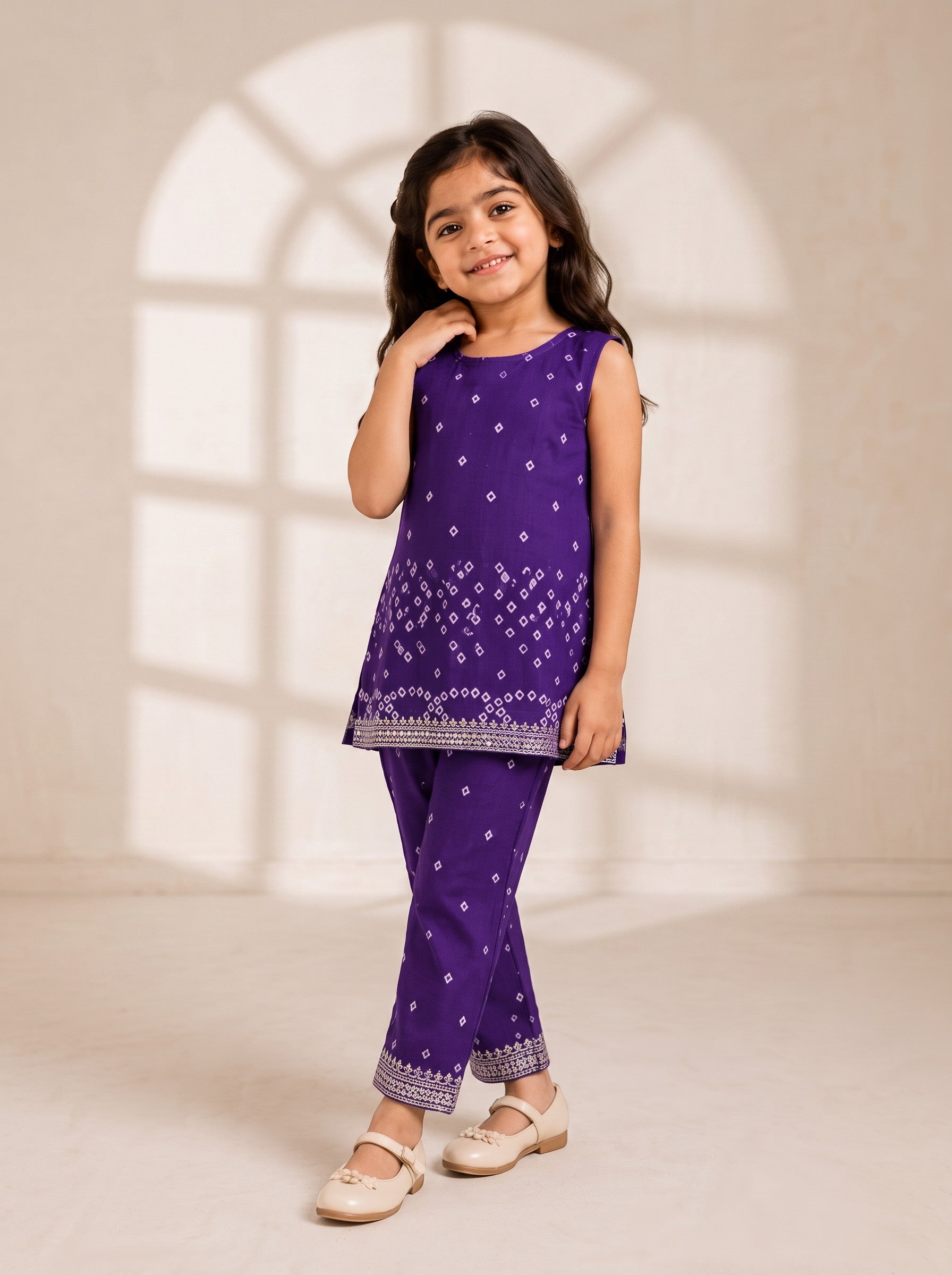 Ameyru Kids Wear deep purple sleeveless ethnic tunic and trousers set with traditional geometric patterns for girls