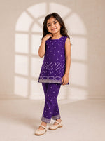 Ameyru Kids Wear deep purple sleeveless ethnic tunic and trousers set with traditional geometric patterns for girls