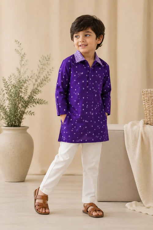 Ameyru Kids Wear deep purple geometric print kurta with white trousers worn by a young boy in a studio setting