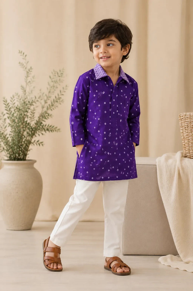 Ameyru Kids Wear deep purple geometric print kurta with white trousers worn by a young boy in a studio setting