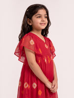Ameyru Kids Wear red flutter sleeve dress with diamond print on a young girl, featuring a V-neck and gathered waist.