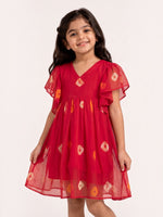 Ameyru Kids Wear red flutter sleeve dress with diamond print on a smiling young girl