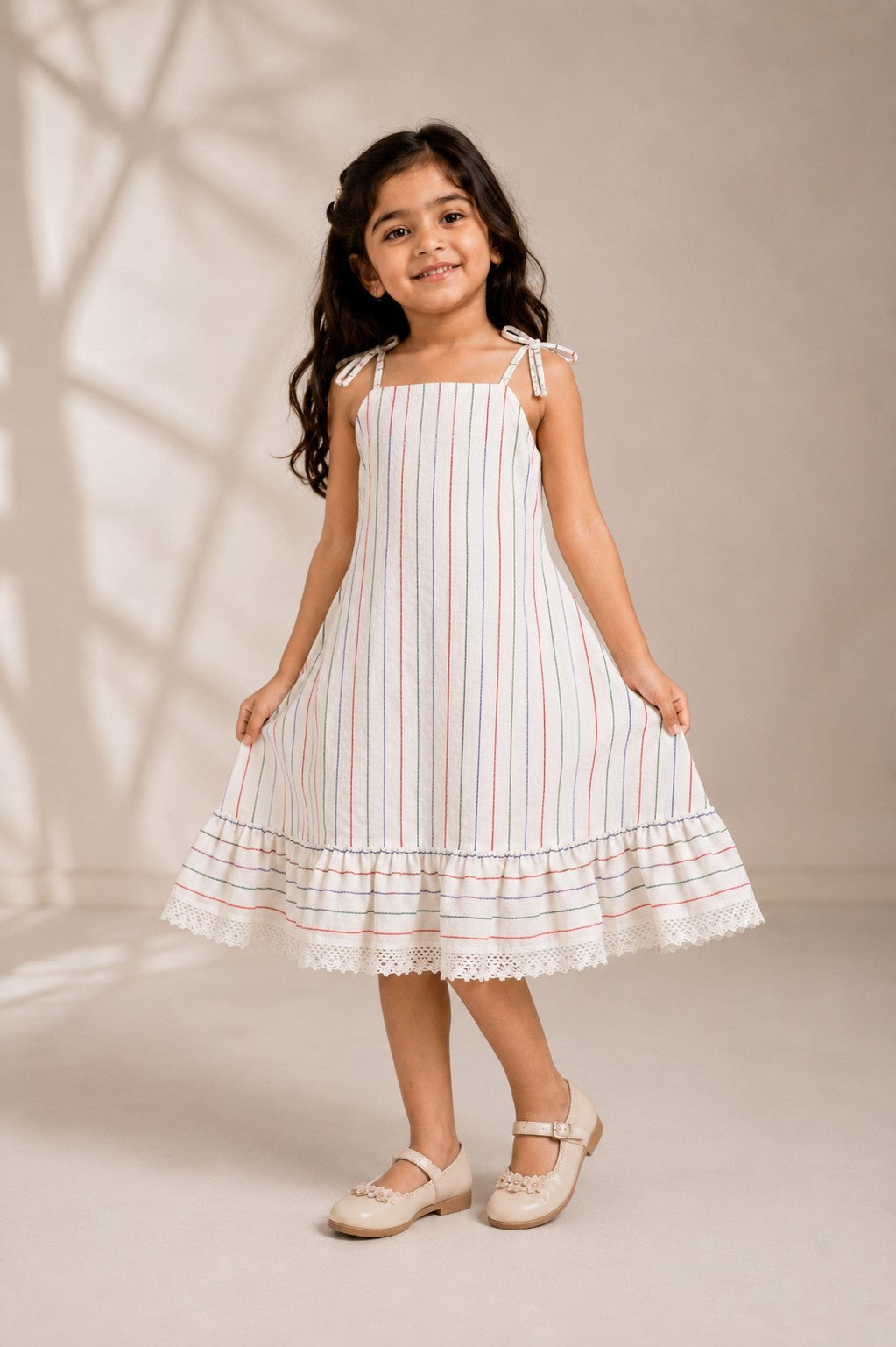 Young girl wearing an Ameyru Kids Wear white cotton dress with colorful vertical stripes and a lace-trimmed hem.