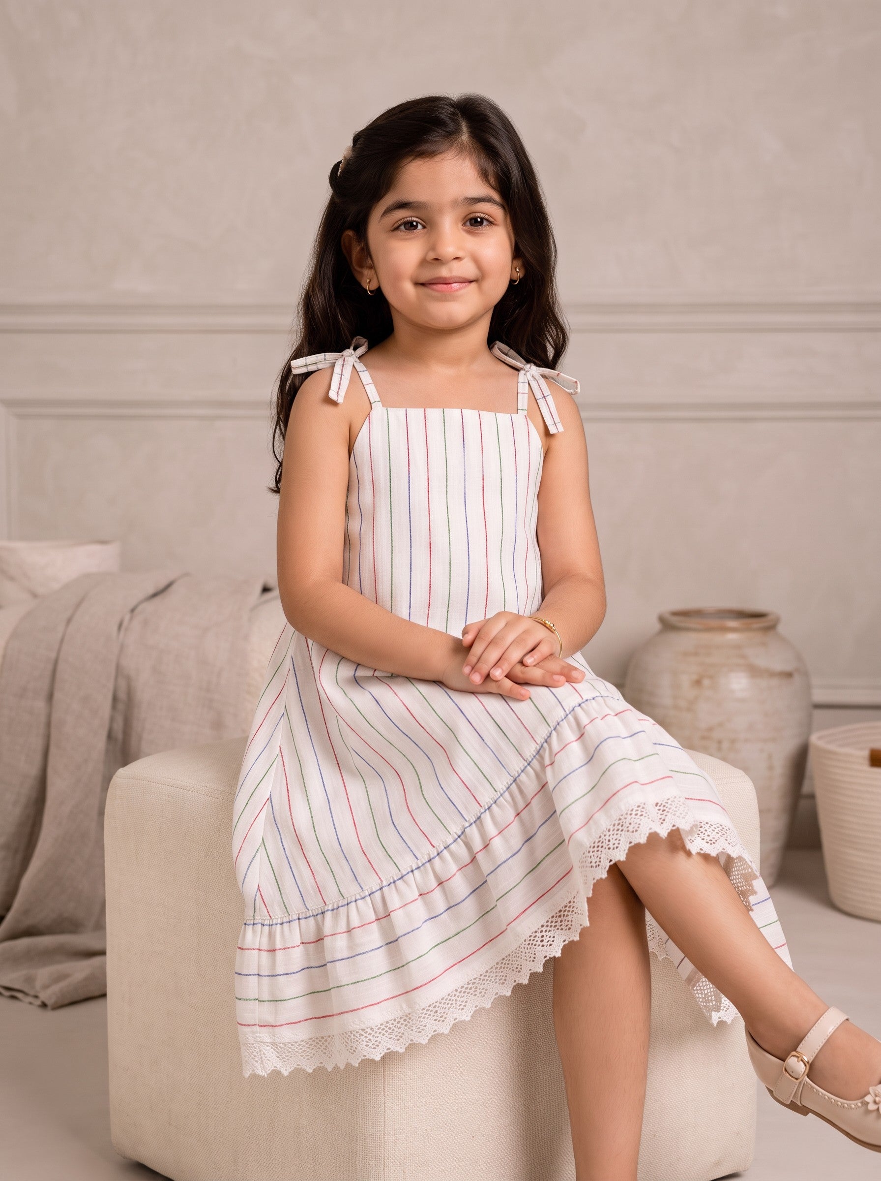 Young girl wearing an Ameyru Kids Wear white striped sundress with tie straps, ruffled hem, and delicate lace trim.