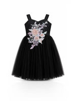 Baby Kids Cloths black sleeveless party dress for girls with 3D floral embroidery and a layered tulle skirt.