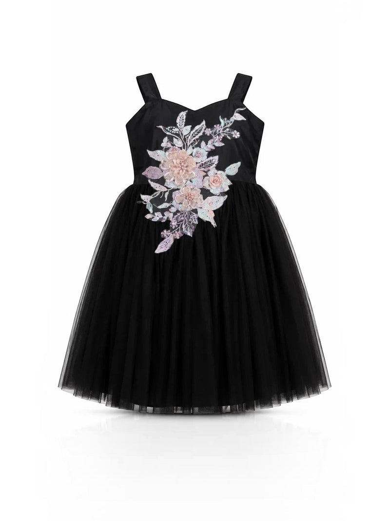 Baby Kids Cloths black sleeveless party dress for girls with 3D floral embroidery and a layered tulle skirt.