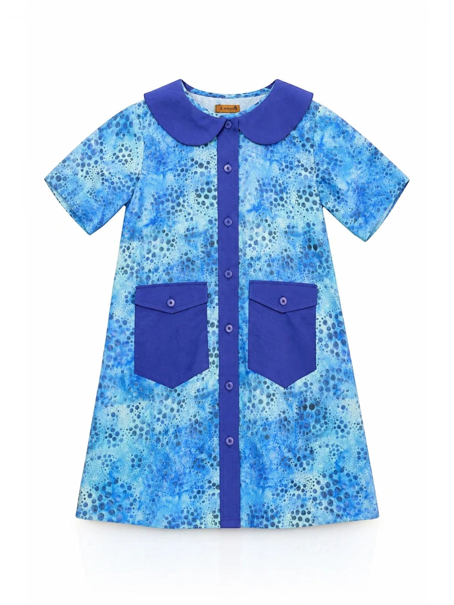 Baby Kids Cloths A meya blue watercolor dot print A-line dress with a solid blue collar, button front, and two pockets.