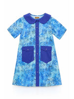 Baby Kids Cloths A meya blue watercolor dot print A-line dress with a solid blue collar, button front, and two pockets.
