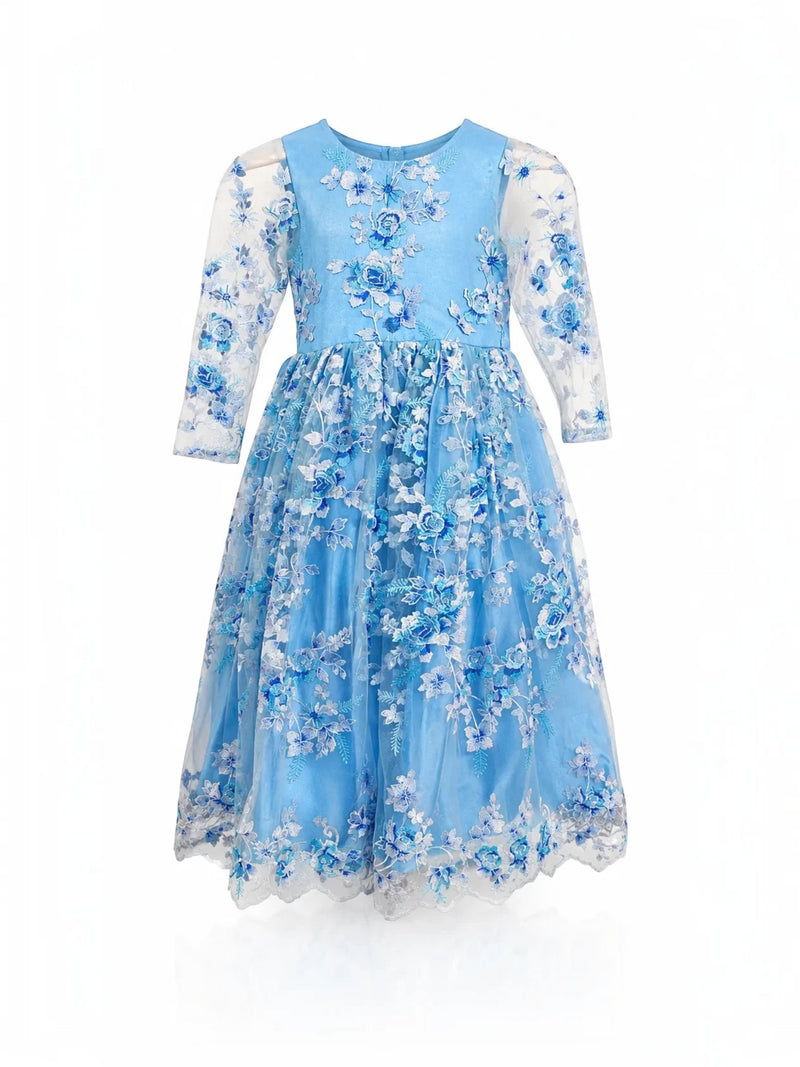 Baby Kids Cloths sky-blue A-line occasion dress with long sheer sleeves and intricate white and blue floral embroidery.
