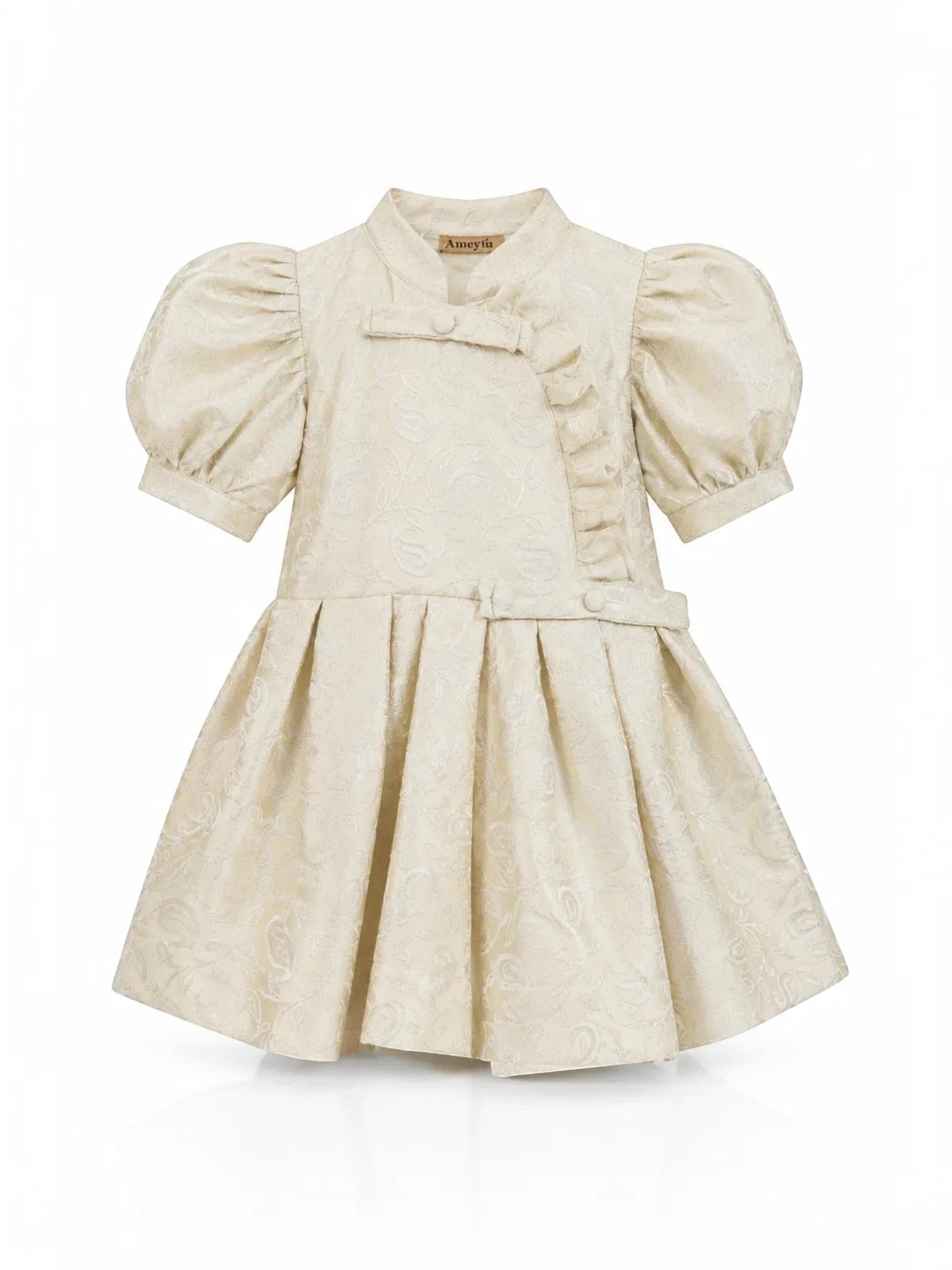 Baby Kids Cloths cream jacquard toddler dress with puff sleeves, ruffle placket, and pleated skirt for formal events.